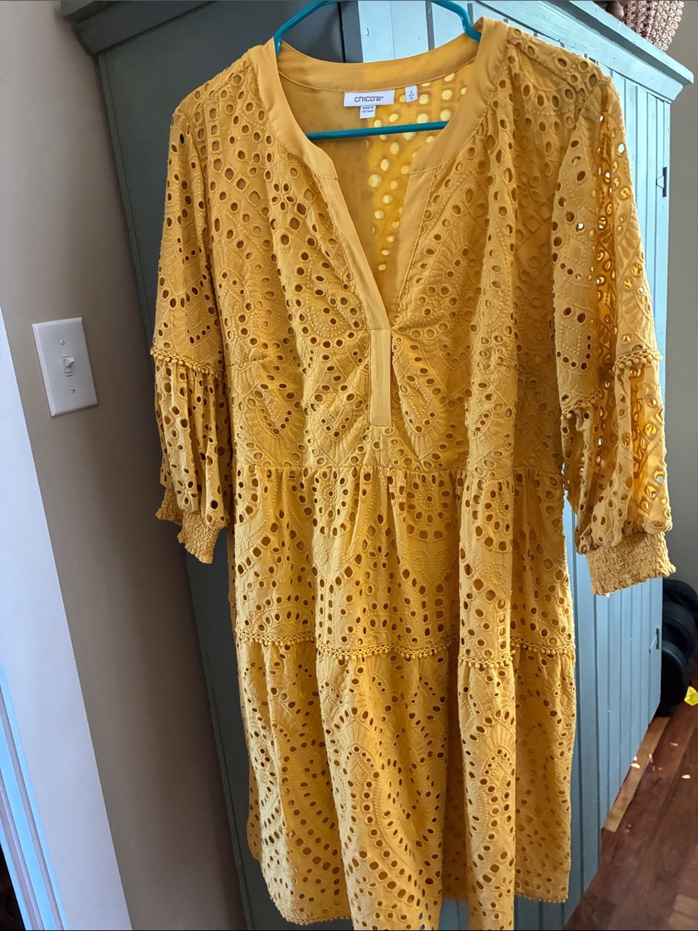 Chico's Sunflower Yellow Eyelet Tiered Midi Dress